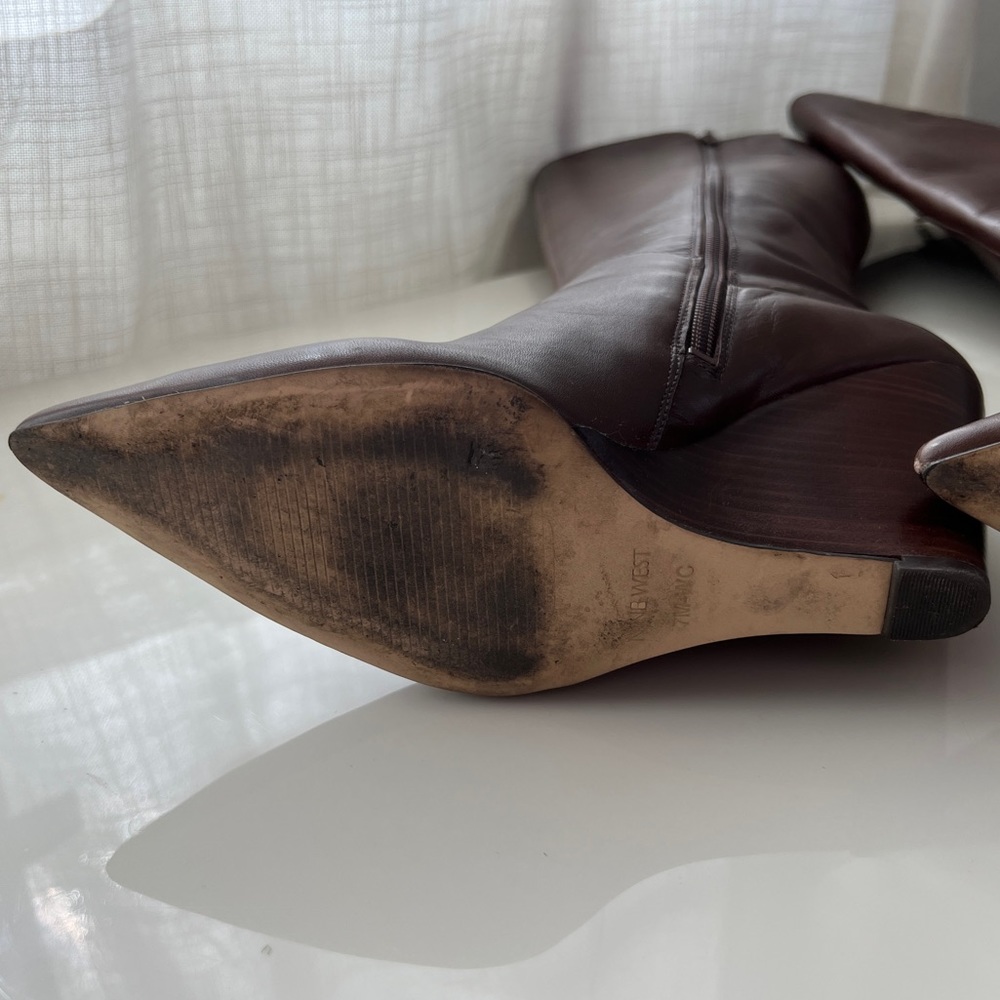 Nine West Sz 7 Varin Wide Calf Brown Leather Wood Wedge Knee High Boots - Picture 9 of 15